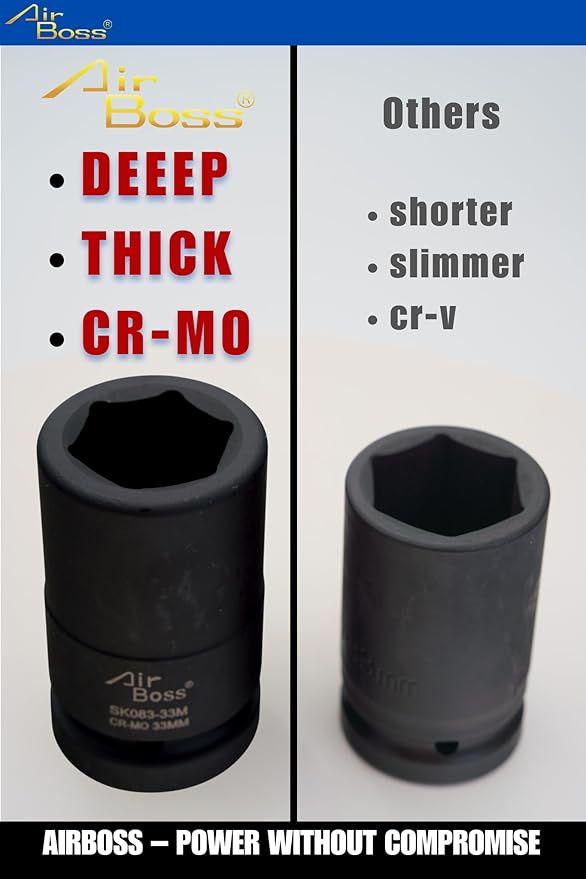 Airboss AW-342GL 1" Impact Wrench & 33M 90L CR-MO Deep Socket