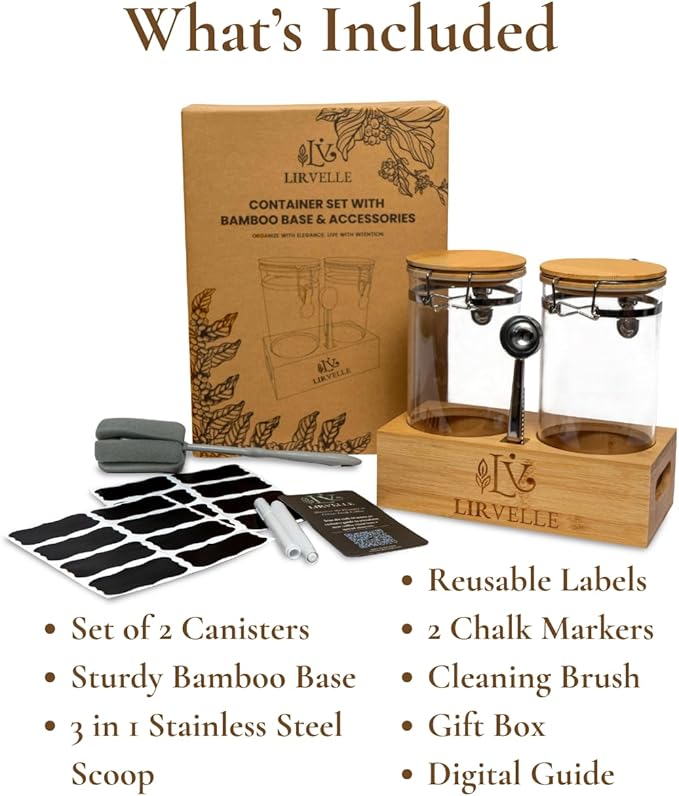 Airtight Coffee Canister with Scoop | Curated Glass Storage Set for Beans, Grounds & Sugar | 9-Piece Ritual Organizer with Bamboo Base, Versatile Artisan Spoon, Labels & Cleaning Brush