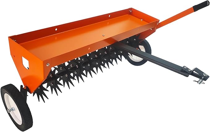 40 Inch Tow Behind Aerator, Aerator Lawn Tool with Universal Hitch, Adjustable Handle, Transport Wheels, Lawn Aerator Compatible with Tractors for Garden, Farm and Lawn, Orange