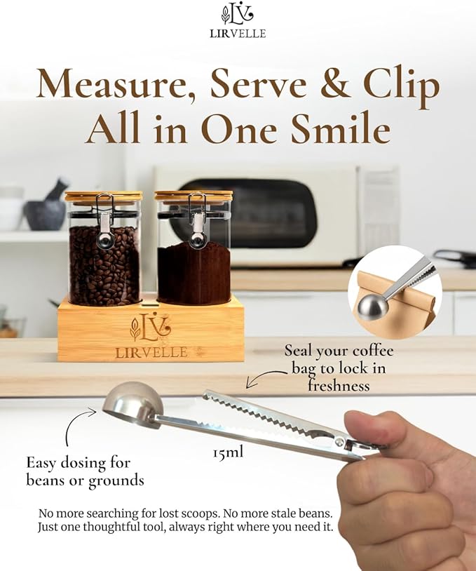 Airtight Coffee Canister with Scoop | Curated Glass Storage Set for Beans, Grounds & Sugar | 9-Piece Ritual Organizer with Bamboo Base, Versatile Artisan Spoon, Labels & Cleaning Brush