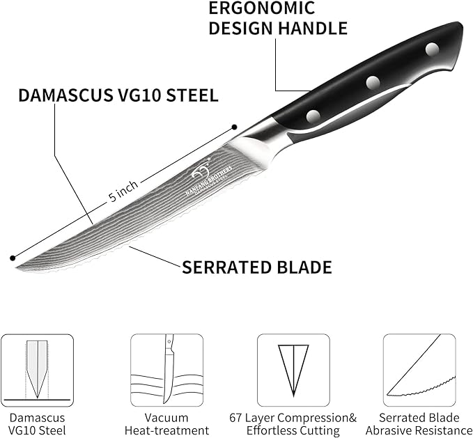 18 Pieces Damascus Kitchen Knife Set, 8 Piece Steak Knives, Non-slip ABS Ergonomic Triple Rivet Handle for Meat Fork, Knife Sharpener and Shears, 17 Slots Fraxinus Manchuria Knife Block (Grey)