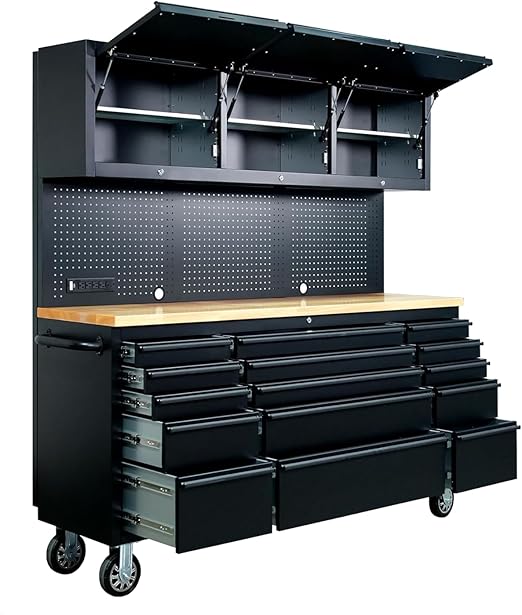 72-Inch Professional Tool Chest - 15-Drawer Locking Cabinet on Wheels, 100lbs/Drawer Slide, Stainless Steel Garage Storage (Black, High with Socket)