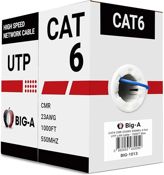 Big-A - Bulk Cat6 Cable 1000ft 23AWG Solid 4 Pair, Cat 6 Ethernet Cable Unshielded Twisted Pair (UTP), (CMR) 550MHz Internet Cable, Pull Box - Blue
