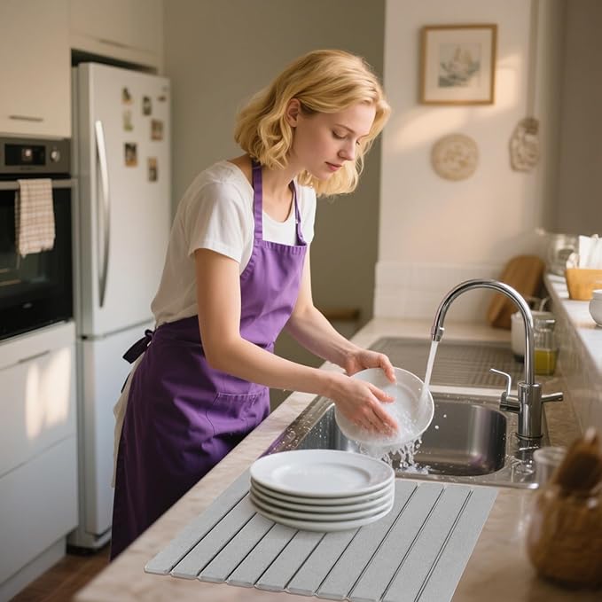 Large Diatomaceous Earth Dish Drying Mat for Kitchen Counter, 23.6"x15.3" Quick Dry Foldable Absorbent Stone Mat, Gray Countertop Mat for Dishes, Bottles & Cups