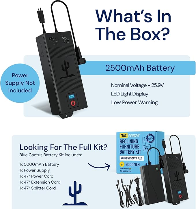 The Blue Cactus Rechargeable Battery for Reclining Furniture - 2500mAh Battery, 2-Pin Furniture Connector - Charger Not Included - Replacement Pack with LCD Display for Sofa, Couch, Recliner Chair