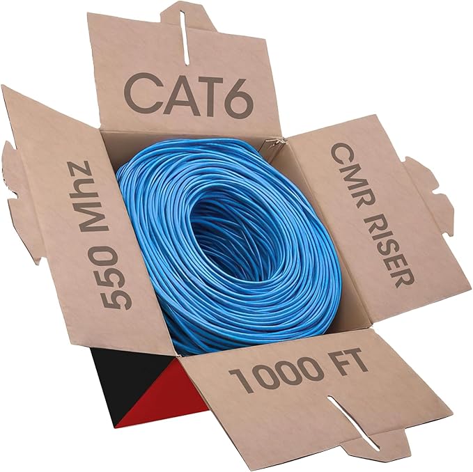 Big-A - Bulk Cat6 Cable 1000ft 23AWG Solid 4 Pair, Cat 6 Ethernet Cable Unshielded Twisted Pair (UTP), (CMR) 550MHz Internet Cable, Pull Box - Blue