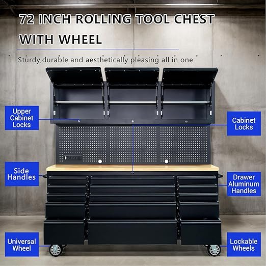72-Inch Professional Tool Chest - 15-Drawer Locking Cabinet on Wheels, 100lbs/Drawer Slide, Stainless Steel Garage Storage (Black, High with Socket)