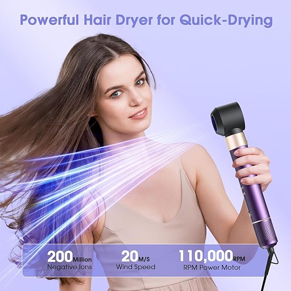 7-in-1 Hair Dryer Brush and Hair Styler Set – Fast Drying, Curling, Straightening & Volumizing – Hot Air Styling Tool with No Heat Damage – for All Hair Types – Lavender