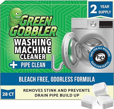 Green Gobbler Washing Machine Cleaner Tablets with Pipe Clean Technology Deodorizer | Front & Top Load Washer | 28 Count