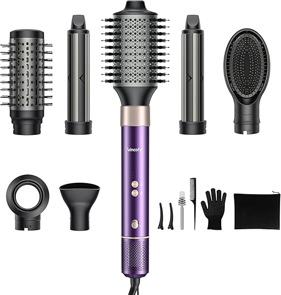 7-in-1 Hair Dryer Brush and Hair Styler Set – Fast Drying, Curling, Straightening & Volumizing – Hot Air Styling Tool with No Heat Damage – for All Hair Types – Lavender