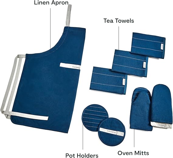 Caraway Linen Set - Apron, Pot Holders, Oven Mitts, & Tea Towels - 100% Organic Cotton - Durable, Machine Washable