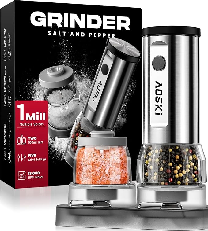 Electric Salt and Pepper Grinder Set: 1 Grinder + 2 100ml Replaceable Jars - Stainless Steel & Quick-Swap in Seconds - For Busy Kitchens - Prevents Spice Mixing for Foodies