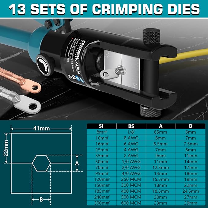 16 Tons Hydraulic Wire Crimping Tool with Cable Cutter and 13 Pairs of Dies, 12 AWG to 600 MCM, Hand Operated Hydraulic Crimping Tool for Wire Rope, Battery Cable Ends Ring Terminals
