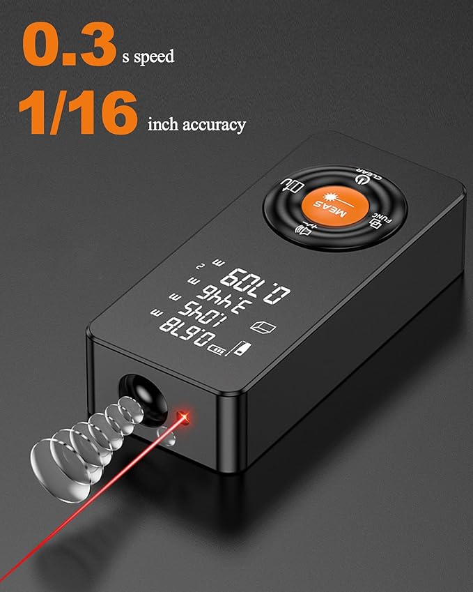 196ft Laser Measuring Tool Rechargeable, IP54 Waterproof, ±2mm(±1/16 inch) Accuracy, Digital Tape Measure with Pythagorean Mode, Measuring Distance, Area, Volume