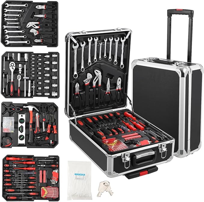 800 Piece Tool Kit with Rolling Tool Box, Socket Wrench Hand Tool Set Mechanic Case Trolley Portable House Repair Kit Set
