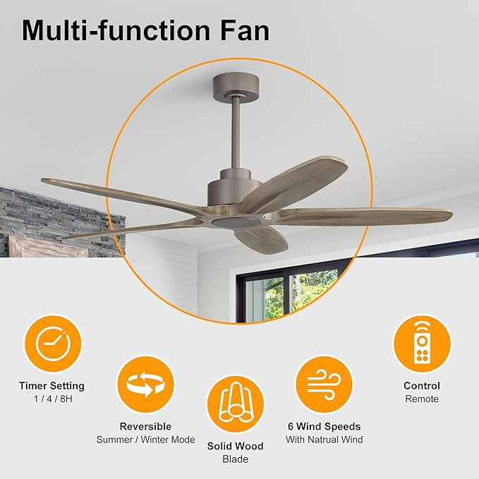 WINGBO 54 Inch Ceiling Fan without Light - 5 Carved Solid Wood Blades, 6-Speed Reversible DC Motor, Noiseless Remote Control Ceiling Fan No Light for Bedroom Living Room Kitchen, Charcoal Gray