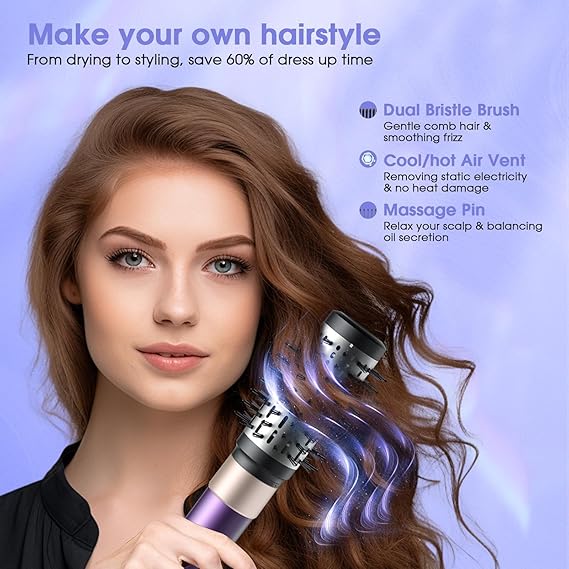 7-in-1 Hair Dryer Brush and Hair Styler Set – Fast Drying, Curling, Straightening & Volumizing – Hot Air Styling Tool with No Heat Damage – for All Hair Types – Lavender