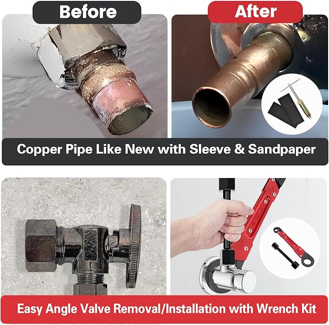 6 Pcs Plumbing Tools Kit with Angle Stop Wrench & 1/2-Inch Compression Sleeve Puller, Professional Plumbers Wrench, Sandpaper and Storage Bag for Frozen/Corroded Angle Stop