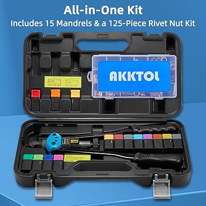 AKKTOL Rivet Nut Tool kit, 16" Rivnut Tool Kit with 15 Metric and SAE Mandrels, 125-PCS Rivet Nut Assortment Kit, Rugged Carrying Case, Ideal for Sheet Metal & Automotive Work
