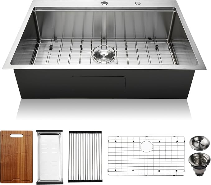 PRUSSIA 33 Inch Kitchen Sink, 33" x 22" x 10" Drop-In 304 Stainless Steel 16 Gauge Single Bowl Sink U910