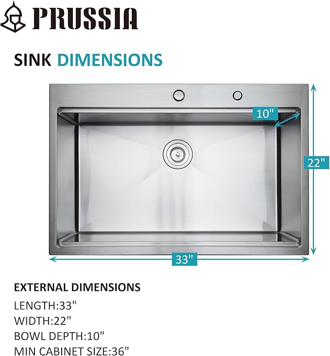 PRUSSIA 33 Inch Kitchen Sink, 33" x 22" x 10" Drop-In 304 Stainless Steel 16 Gauge Single Bowl Sink U910