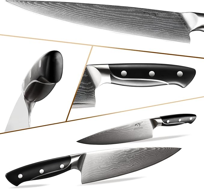 18 Pieces Damascus Kitchen Knife Set, 8 Piece Steak Knives, Non-slip ABS Ergonomic Triple Rivet Handle for Meat Fork, Knife Sharpener and Shears, 17 Slots Fraxinus Manchuria Knife Block (Grey)