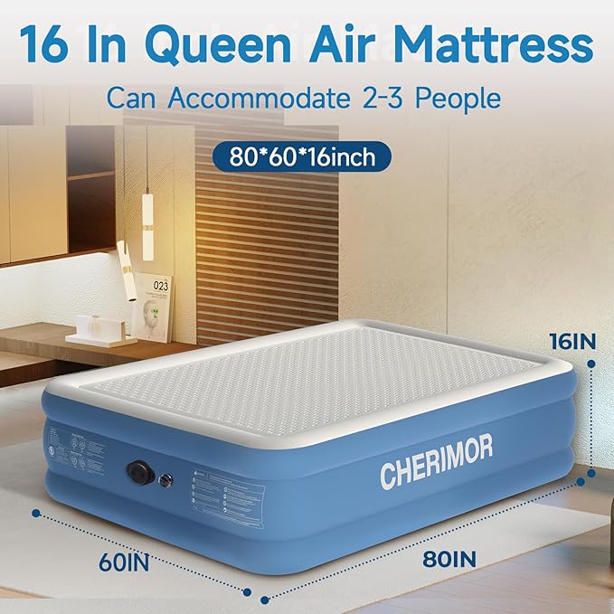 Queen Air Mattress with Built-in Rechargeable Pump, 16" Upgraded Firmness Blow Up Mattress, Heavy Duty Inflatable Bed Supports 1500 lbs, Portable 3 Mins Inflatable for Home Guests & Camping
