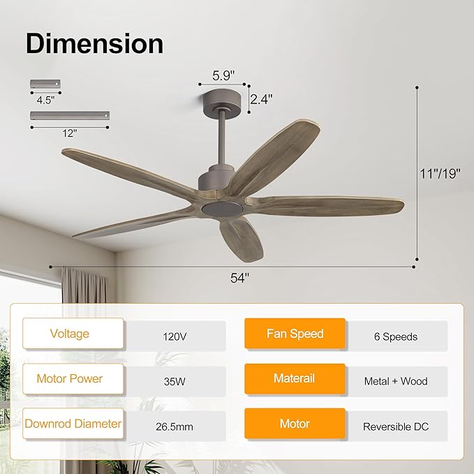 WINGBO 54 Inch Ceiling Fan without Light - 5 Carved Solid Wood Blades, 6-Speed Reversible DC Motor, Noiseless Remote Control Ceiling Fan No Light for Bedroom Living Room Kitchen, Charcoal Gray
