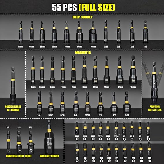 55PCS Impact Nut Driver Set, Magenetic Nut Driver Set for Impact Drills and Premium Deep Drivers, Wing Nut Setters, 1/4'' Quick Change, Bit Extention, S2 Steel Bits, Pivoting Nut Setter