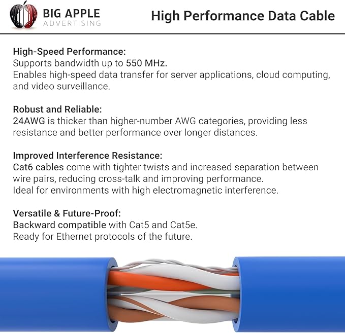 Big-A - Bulk Cat6 Cable 1000ft 23AWG Solid 4 Pair, Cat 6 Ethernet Cable Unshielded Twisted Pair (UTP), (CMR) 550MHz Internet Cable, Pull Box - Blue