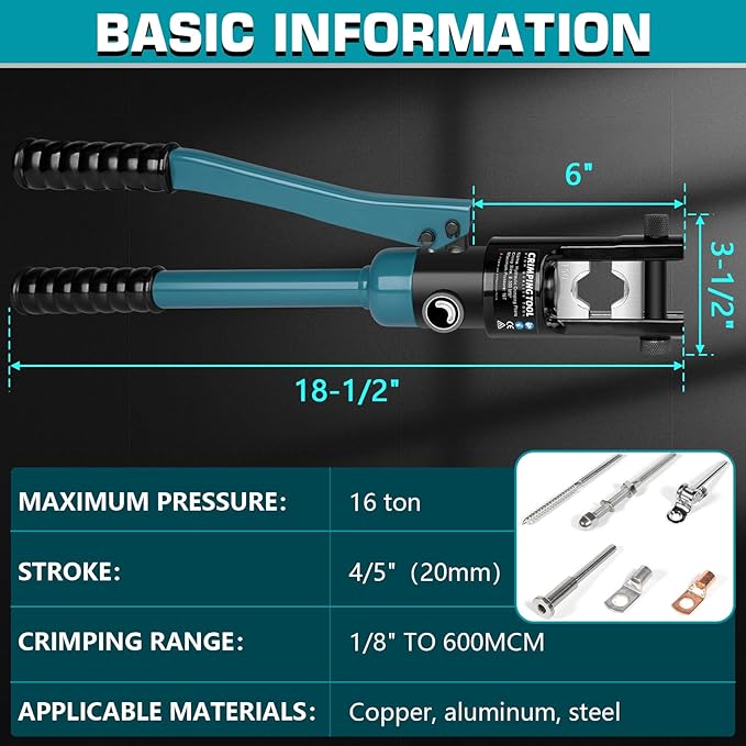 16 Tons Hydraulic Wire Crimping Tool with Cable Cutter and 13 Pairs of Dies, 12 AWG to 600 MCM, Hand Operated Hydraulic Crimping Tool for Wire Rope, Battery Cable Ends Ring Terminals