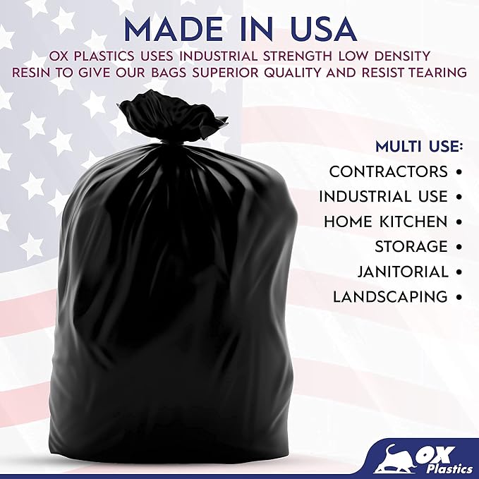 55 Gallon Trash Bags Heavy Duty – Large Black Contractor Bags 36x52" – Industrial, Yard Waste, Lawn & Leaf, Construction Garbage Can Liners – Made in USA (3 Mil, 100 Count)