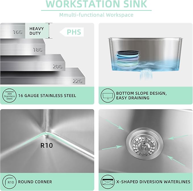 32 Inch Kitchen Sink Drop In Workstation-32x19 Single Bowl Stainless Steel Top Mount 16 Gauge Handmade Sink, 10" Deep for Home & Commercial
