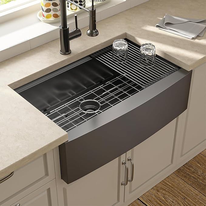 30 Black Farmhouse Sink - Lordear 30 inch Farm Kitchen Sink Workstation Apron Front 16-Gauge Gunmetal Black Stainless Steel Single Bowl Deep Kitchen Farmer Sinks, 9" Apron Height