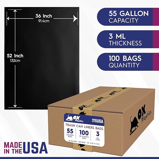 55 Gallon Trash Bags Heavy Duty – Large Black Contractor Bags 36x52" – Industrial, Yard Waste, Lawn & Leaf, Construction Garbage Can Liners – Made in USA (3 Mil, 100 Count)