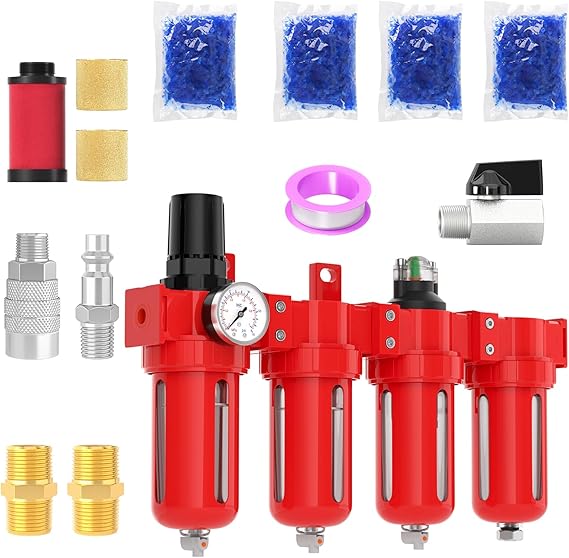1/4" NPT Industrial Grade 4 Stage Aluminum Air Drying System, Coalescing Filter, Double Particulate Filter, Desiccant Dryer and Air Regulator,Manual Drain For Plasma Cutter and Paint Spray
