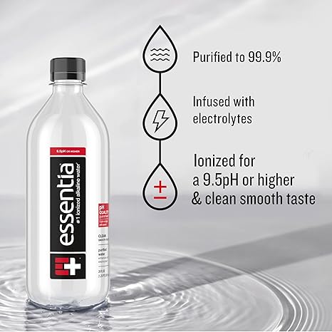 Essentia Water LLC, Ionized Alkaline Bottled Water; 99.9% Pure, Infused with Electrolytes, 9.5 pH or Higher a Clean, Smooth Taste, 20 Fl Oz (Pack of 24)