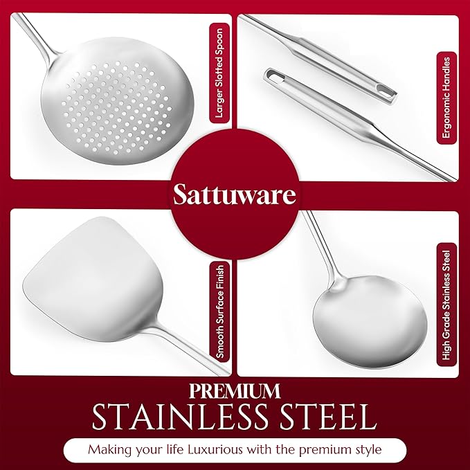6 Pc Stainless Steel Cooking Utensils Set with Ergonomic Handles – Heat Resistant Kitchen Tools Includes Slotted Spatula, Skimmer Ladle, Spatula, Serving Spoon, Pasta Spoon Ideal for Cooking
