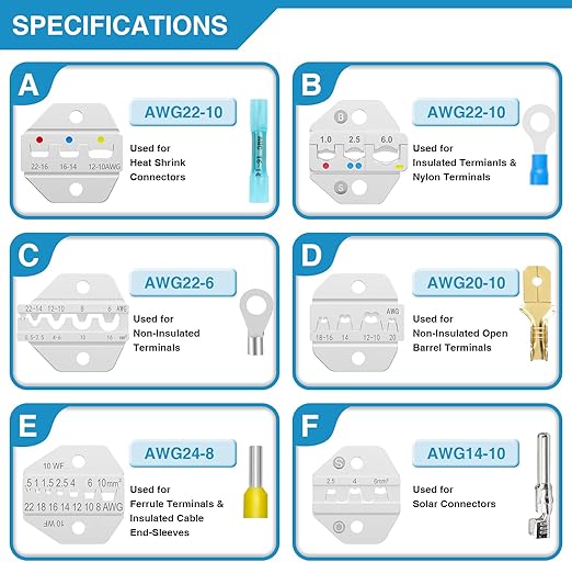 6PCS Crimping Tool Set - Ratcheting Wire Crimper - for Heat Shrink, Insulated Nylon, Non-Insulated, Ferrule Terminal, Open Barrel Terminals & Solar Connectors