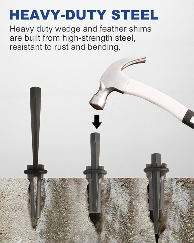 10 Pack Rock Splitting Wedges 5/8" Wedge and Feathers Shims Set, Heavy Duty Stone Splitter Tools for Granite, Concrete, Marble