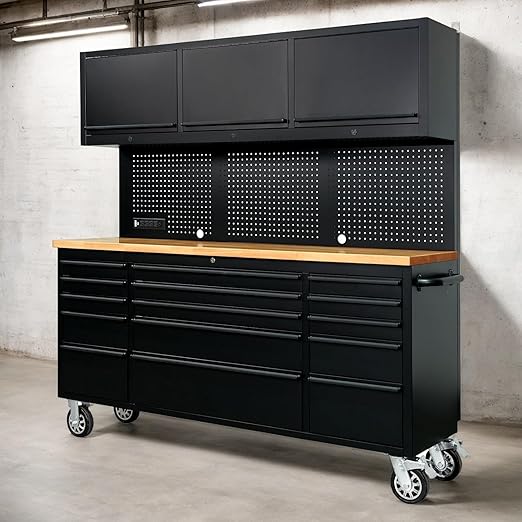 72-Inch Professional Tool Chest - 15-Drawer Locking Cabinet on Wheels, 100lbs/Drawer Slide, Stainless Steel Garage Storage (Black, High with Socket)