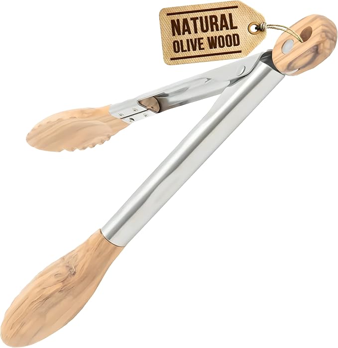Boxiki Kitchen Tongs for Cooking with Wooden Tips - Wooden Tongs Ideal for BBQ, Salad, Toaster, Bread & Pickles - Made of Natural Olive Wood, Size 12 Inch