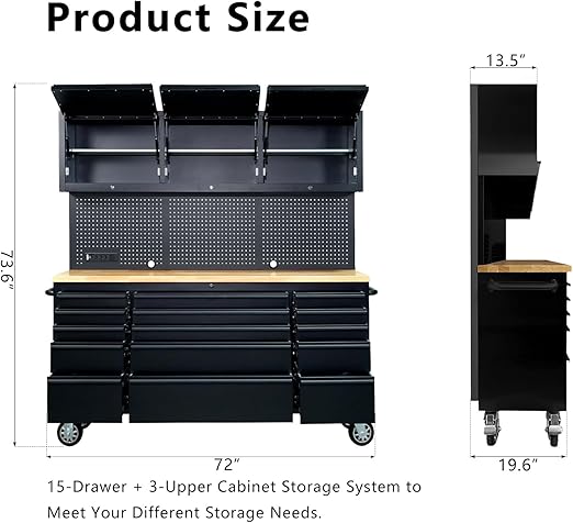72-Inch Professional Tool Chest - 15-Drawer Locking Cabinet on Wheels, 100lbs/Drawer Slide, Stainless Steel Garage Storage (Black, High with Socket)
