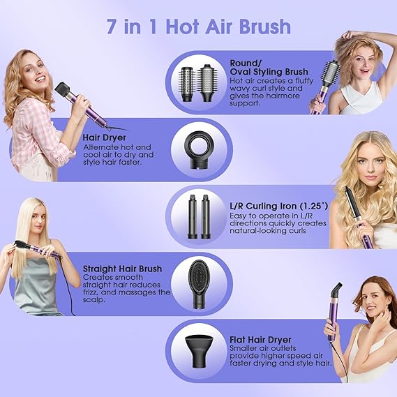 7-in-1 Hair Dryer Brush and Hair Styler Set – Fast Drying, Curling, Straightening & Volumizing – Hot Air Styling Tool with No Heat Damage – for All Hair Types – Lavender