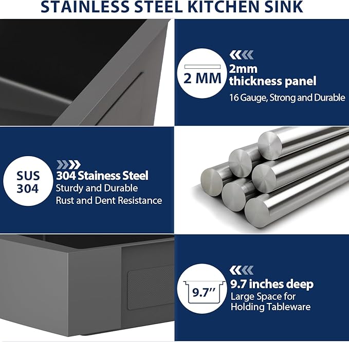 30 Black Farmhouse Sink - Lordear 30 inch Farm Kitchen Sink Workstation Apron Front 16-Gauge Gunmetal Black Stainless Steel Single Bowl Deep Kitchen Farmer Sinks, 9" Apron Height