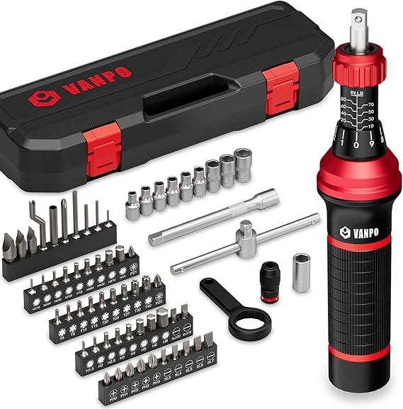 1/4" Torque Screwdriver Set, 64 Pieces 10–80 in-lb Inch Pound Torque Wrench Screwdriver Kit with T-Bar & S2 Bits – Precision Tool for Optics, Electronics, Smart Locks & DIY Repair