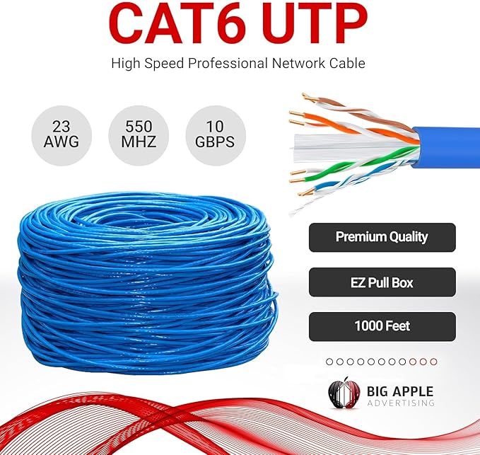 Big-A - Bulk Cat6 Cable 1000ft 23AWG Solid 4 Pair, Cat 6 Ethernet Cable Unshielded Twisted Pair (UTP), (CMR) 550MHz Internet Cable, Pull Box - Blue