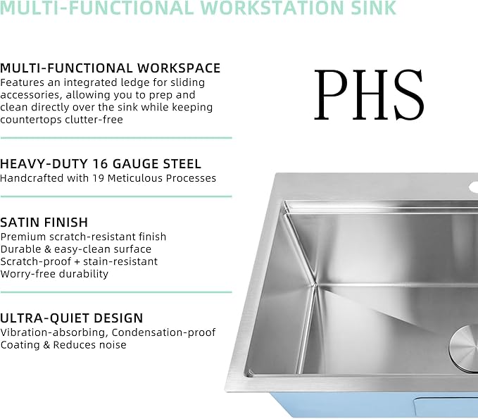 32 Inch Kitchen Sink Drop In Workstation-32x19 Single Bowl Stainless Steel Top Mount 16 Gauge Handmade Sink, 10" Deep for Home & Commercial