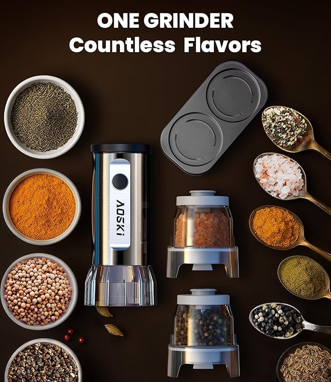 Electric Salt and Pepper Grinder Set: 1 Grinder + 2 100ml Replaceable Jars - Stainless Steel & Quick-Swap in Seconds - For Busy Kitchens - Prevents Spice Mixing for Foodies