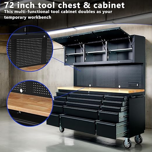 72-Inch Professional Tool Chest - 15-Drawer Locking Cabinet on Wheels, 100lbs/Drawer Slide, Stainless Steel Garage Storage (Black, High with Socket)